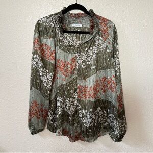 Bucketlist Green & Orange Floral Print Sheer Long Sleeve Blouse Medium